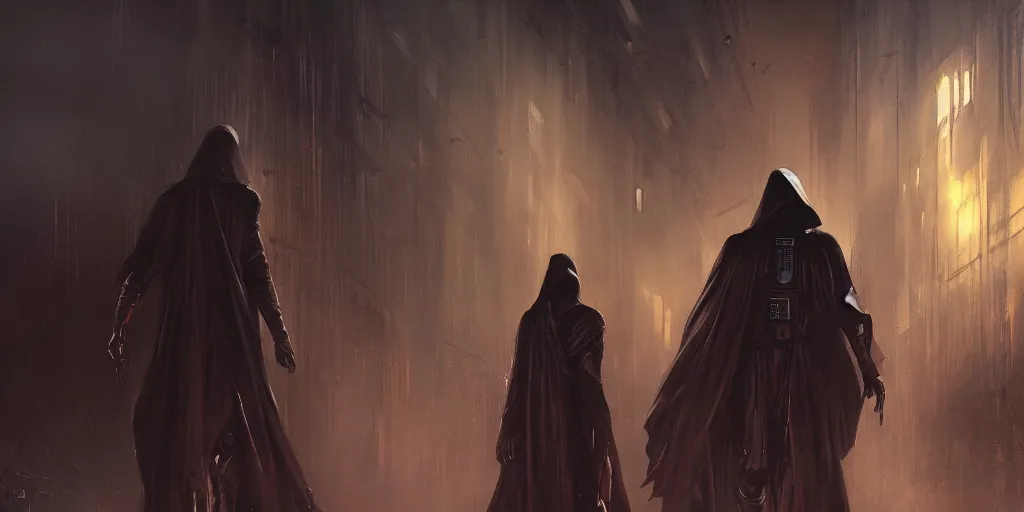 Image similar to a painting of a cinematic keyframe of star wars a dark sith black hooded from behind in a dark dystopian cyperpunk city slums, heavy atmosphere and smoke by greg rutkowski, rule of thirds, golden ratio, ambient lighting, wlop, artgerm, artstation, highly detailed masterpiece, dark fantasy art, high detail, trending on artstation