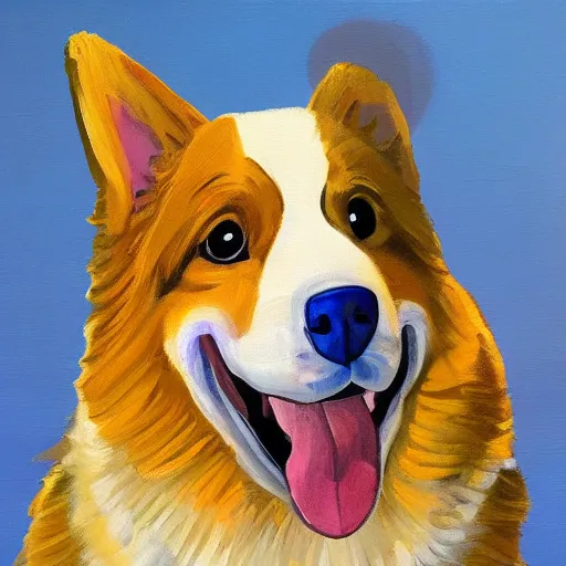 Prompt: giant welsh corgi dog standing over new york city skyline, painting