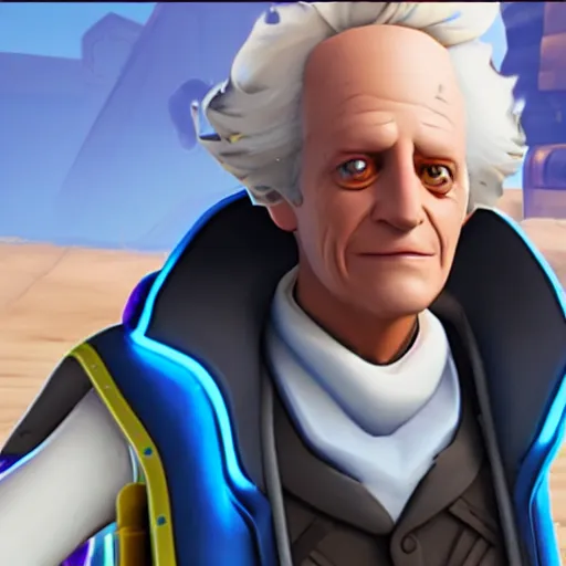 Prompt: screenshot of doctor emmett brown as an overwatch hero