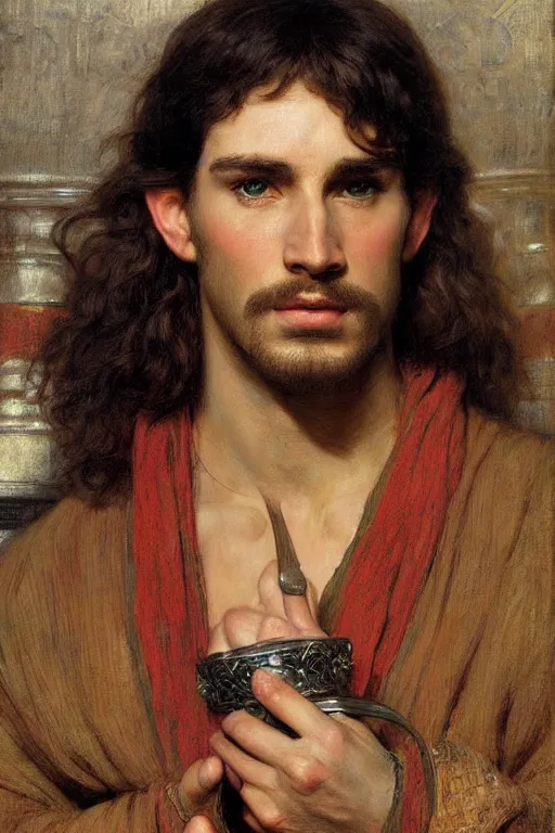 Image similar to attractive male, the lord of the rings, orientalist intricate portrait by john william waterhouse and edwin longsden long and theodore ralli and nasreddine dinet, hyper realism, dramatic lighting