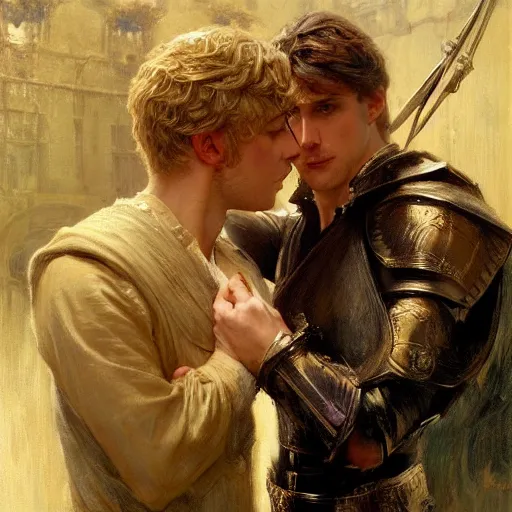 Image similar to attractive male, arthur pendragon who has blond hair confesses his love to attractive male, merlin who has dark hair. highly detailed painting by gaston bussiere, craig mullins, j. c. leyendecker 8 k