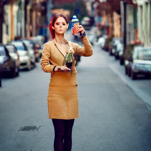 Image similar to photograph of woman holding a bottle in street, fashion shoot, award winning, kodak, 4 k, realistic intricate detail, hyper detail, woman very tired, full body potrait holding bottle, hazel green eyes, realistic, highlydetailed, natural, masterpiece, sharp focus, jennysaville