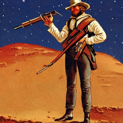 Image similar to 19th century scruffy american holding a musket, on mars, pulp science fiction illustration