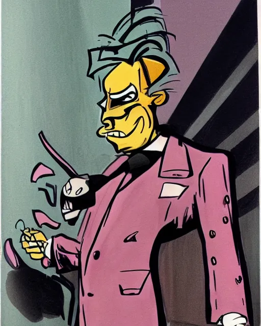 Image similar to villainous smug male antagonist in suit, fancy apartment, artwork by ralph bakshi