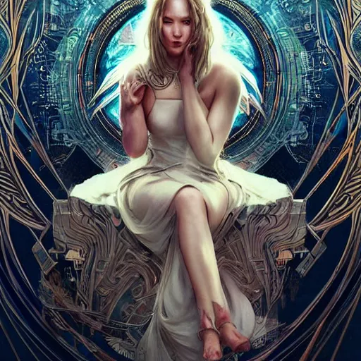 Prompt: beautiful ethereal cyberpunk jennifer lawrence, art nouveau, fantasy, intricate binary and electronic designs, elegant, highly detailed, sharp focus, art by artgerm and greg rutkowski and wlop