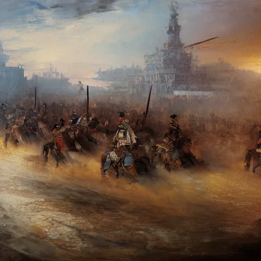 Prompt: highly detailed painting of samurais patrolling moscow, by william turner, by greg rutkowski, by william constable, thick brush strokes and visible paint layers, 4 k resolution