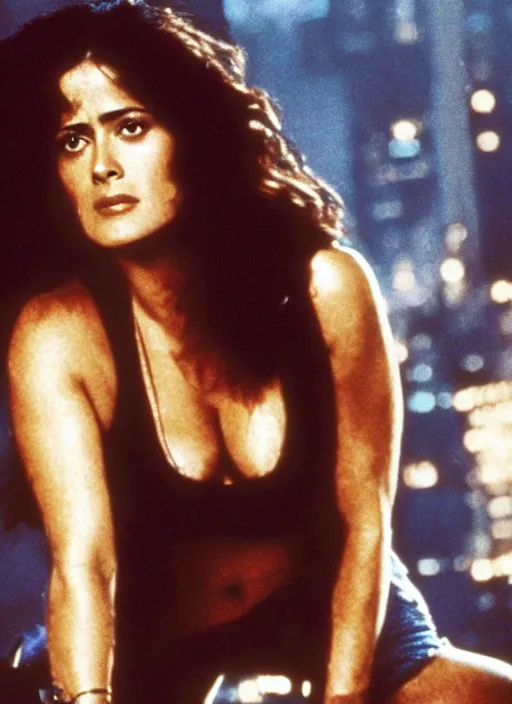 Prompt: film still of Salma Hayek as John McClane in Die Hard, 4k