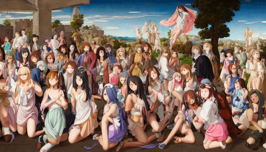 Image similar to jesus christ surrounded by cute anime girls, photorealistic, anime, mini skirt, neko, cat ears, renaissance painting, hyper real, detailed, wide angle shot, ultra detailed