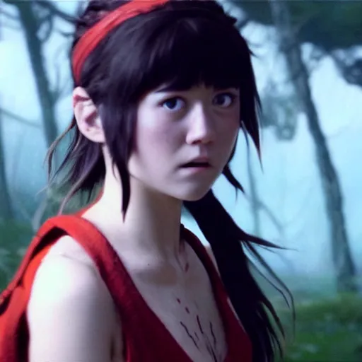 Image similar to mary elizabeth winstead as princess mononoke, still frame, sharp focus, cinematic, filmic