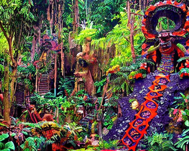 Prompt: surreal colorful nightmarish garden las pozas, mayan jaguar warrior, artwork by ralph bakshi