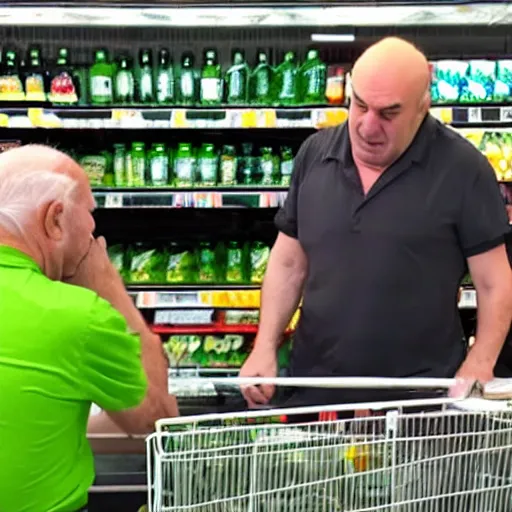 Image similar to mid white hair old man with green shirt and white short, sitting in simpson supermarket with kevin o'leary