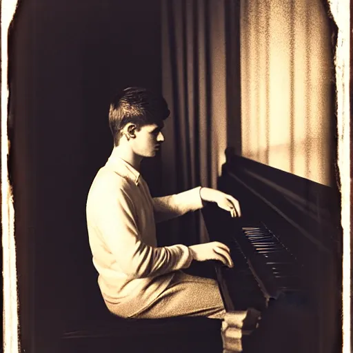 Prompt: attractive male, playing piano, low - key lighting, vaporwave, daguerrotype