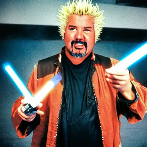 Prompt: Guy Fieri in Star Wars, Jedi Knight, blue light saber, cinestill 400t film, 35mm lens, by Stanly Kubrick, dim scene, smoke, fog