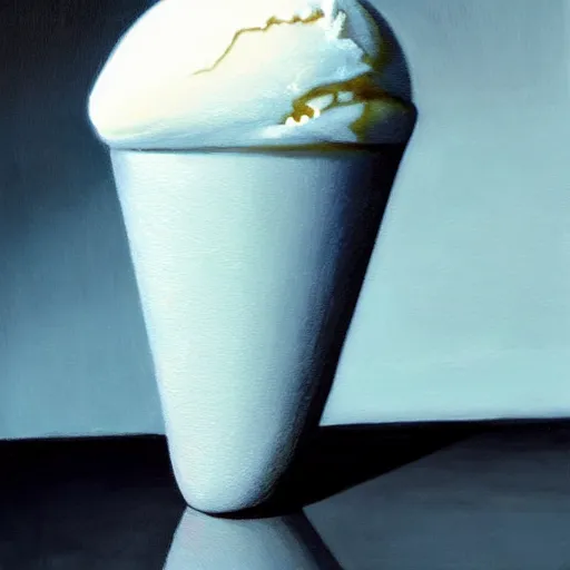 Prompt: Hyperrealistic symmetric painting of a levitating ice cream cone filled with mirror-like liquid mercury