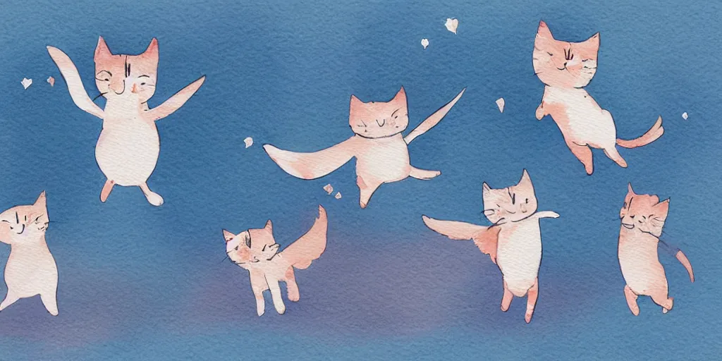 Image similar to watercolor illustration style, flying cute cats with blue wings