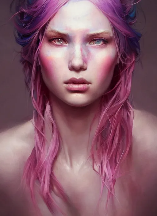 Image similar to girl with unkempt blue and pink hair, beautiful highly detailed face, complementary lighting, backlit, eyeshadow, divine, beautiful painting by artgerm and greg rutkowski and raymond swanland