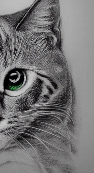 Image similar to highly detailed realistic pencil sketch on expensive paper of a beautiful cat with big green eyes in front of the universe