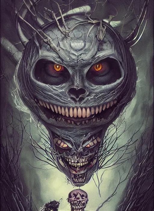 Prompt: Cheshire Cat Death Tarot card,highly detailed,half skull face,cinematic,8k,by Stanley Artgermm,Tom Bagshaw,Greg Rutkowski,Carne Griffiths, Ayami Kojima, Beksinski, Giger,trending on DeviantArt,hyper detailed,horror, full of colour