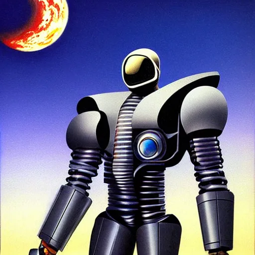 Image similar to futurist cyborg knight, perfect future, award winning art by alan bean, sharp color palette