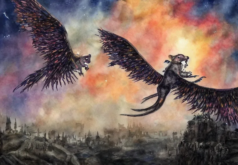 Image similar to legendary fire winged possum flying over a medieval forest castle at night under the dark starred sky, dark fantasy, watercolor, dreaming illusion, highly detailed, 4k, trending on Artstation