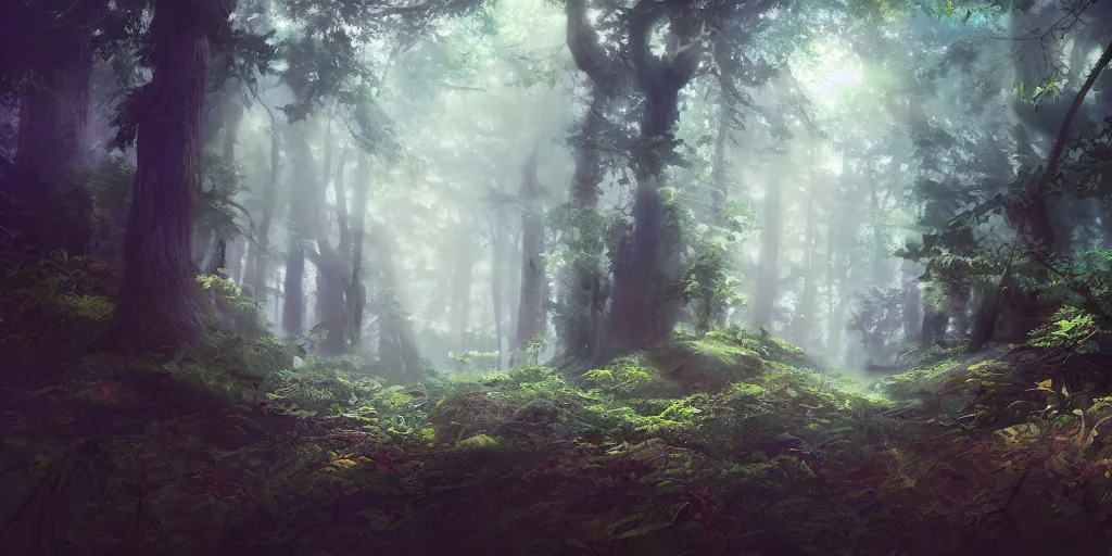 Prompt: a forest, cinematic angle, studio Ghibli, volumetric lighting, bold, beautiful composition, intricate, elegant, digital art, detailed, oil painting, hyperrealistic, sharp focus, 8k