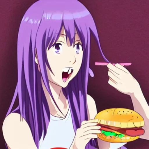 Prompt: Hitagi Senjougahara eating a hamburger