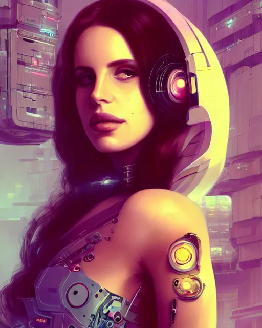 Image similar to portrait of lana del rey as a cyberpunk cyborg. roses, sci - fi, intricate abstract, upper body, intricate artwork, by tooth wu, wlop, beeple, dan mumford. concept art, 8 k octane render, deviantart, greg rutkowski, cinematic, key art, hyperrealism, iridescent accents