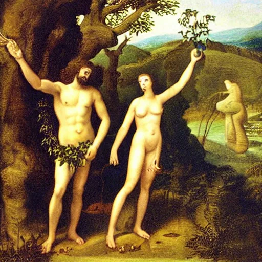 Prompt: First photography selfie ever of Adam and Eve discovering the sacred garden