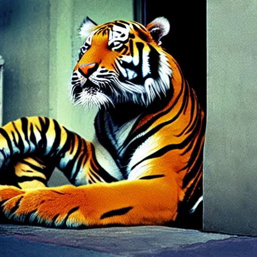 Prompt: uhd photorealisitc candid photo of a tiger dressed as a pimp. photo by annie leibowitz and steve mccurry