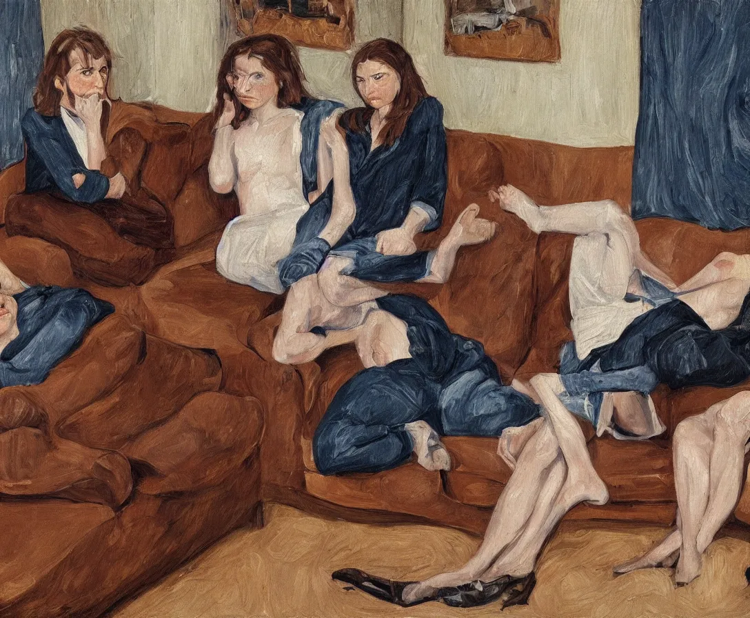 Image similar to two women, in an old english apartment on a brown leather sofa. one is wearing a dark blue sweather, the other a white shirt. brown hair, they are looking into the camera. wide shot. in the style of lucien freud. oil painting.