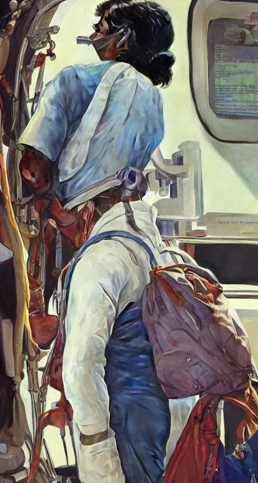 Image similar to close up of an Indian doctor in scrubs disembarking from an airplane at Heathrow in 2022, sun shining, photo realistic illustration by greg rutkowski, thomas kindkade, alphonse mucha, loish, norman rockwell.