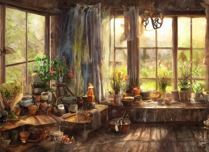 Prompt: expressive rustic oil painting, interior view of a cluttered herbalist cottage, waxy candles, wood furnishings, herbs hanging, light bloom, dust, ambient occlusion, rays of light coming through windows, dim lighting, brush strokes oil painting