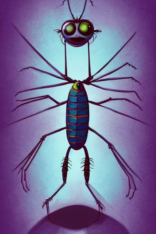 Prompt: colorful full body shot of a thin anthropomorphic cockroach with big eyes wearing a suit, with long thin antennae, trending on artstation, trending on deviantart ,backlighting, 8k, hyper detail illustration, symmetrical, correct proportions, illustration by tim schafer, vibrant colors, by tim burton, by pixar