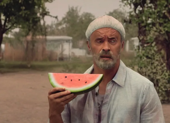 Prompt: film still of a man with a watermelon on his a head in the new comedy movie, 4 k