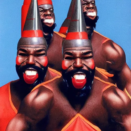 Image similar to melting conehead mr. t band, detailed facial expressions, 1 9 8 0 s aesthetic