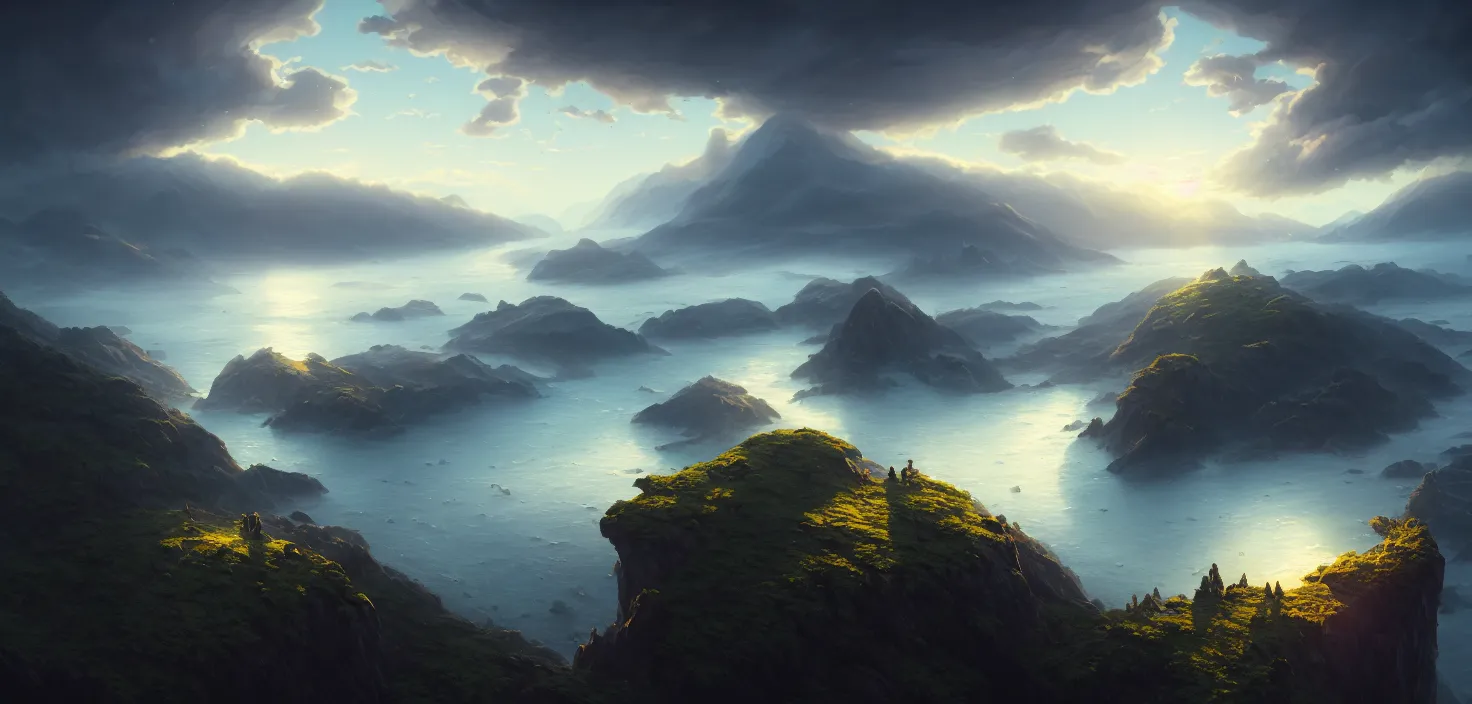 Image similar to nature landscape, aerial view, drone photography, cinematic, mountains and ocean, cinematic view, epic sky, detailed, concept art, low angle, high detail, warm lighting, volumetric, godrays, vivid, beautiful, trending on artstation, by jordan grimmer, huge scene, art greg rutkowski