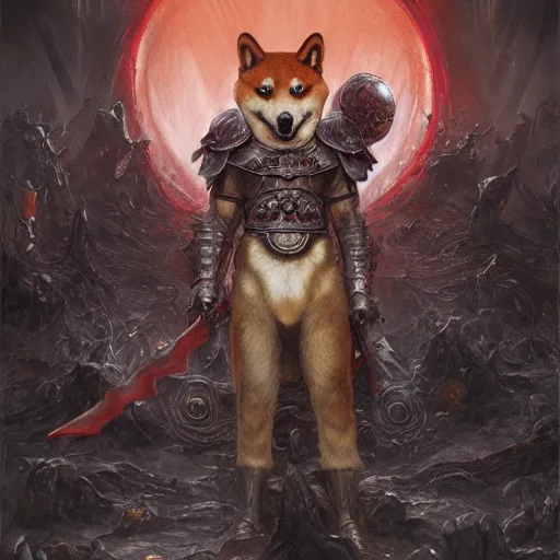 Image similar to anthropomorphic shiba inu, wearing berserk armor, dark glowing red aura, fantasy, dark graveyard scene, portrait art by donato giancola and greg rutkowski, realistic face, digital art, trending on artstation, symmetry