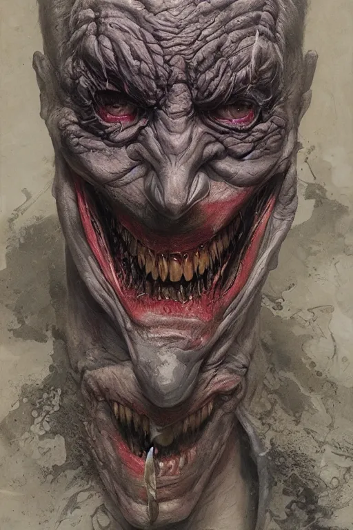 Prompt: distorted, laughing, grotesque Joker, dc comics, dark, intricate, smooth, artstation, painted by Wayne Barlowe, Greg Rutkowski, Zdislav Beksinski