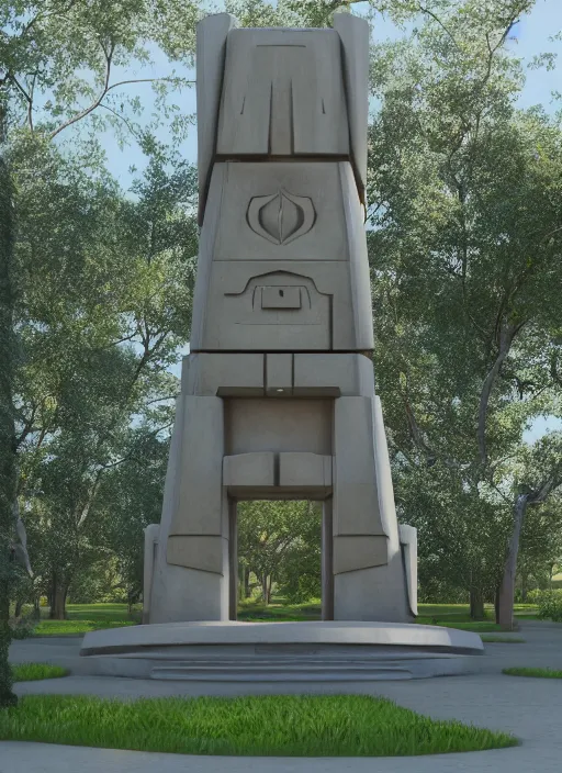 Image similar to highly detailed realistic architecture 3 d render of a futuristic stele monument in frank lloyd wright style standing in city park, archdaily, made in unreal engine 4 octane render