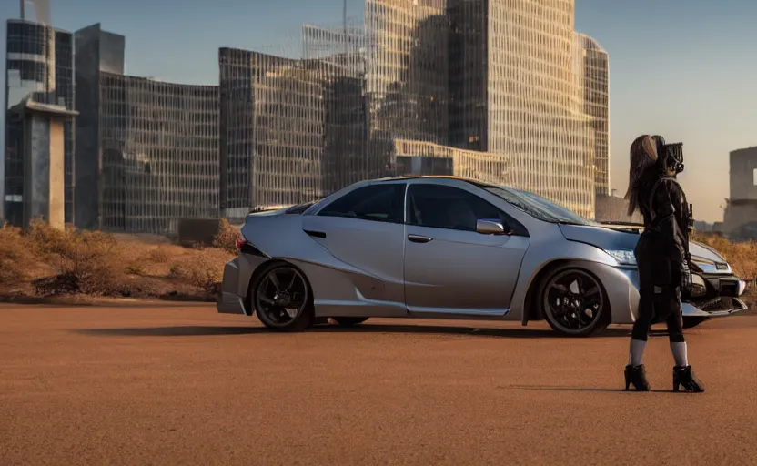 Prompt: photograph of a cell-shaded Honda EK9 Type-R, a techwear woman standing looking off into the distance, on a desert road with a futuristic city in the horizon, one point perspective, 1-point perspective, tilt shift, sigma 85mm f/1.4, 4k, depth of field, high resolution, 4k, 8k, hd, full color, octane render