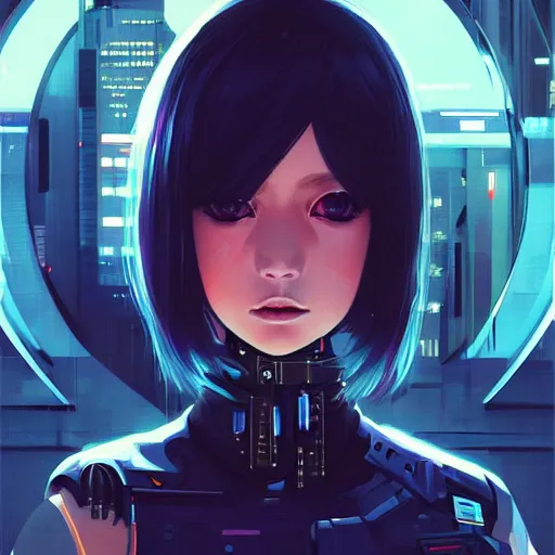 Image similar to A potrait of a cyberpunk cyborg girl with big and cute eyes, fine-face, realistic shaded perfect face, fine details. Night setting. Very anime style. Realistic shaded lighting poster by Ilya Kuvshinov katsuhiro, magali villeneuve, artgerm, Jeremy Lipkin and Michael Garmash, Rob Rey and Kentarõ Miura style, trending on art station