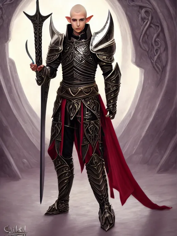 Prompt: full body portrait of a beautiful male elf paladin in a temple, ornamental armor, pale skin, black long hair, red eyes, holy themed, platinum, fighting stance, high fantasy, detailed face, highly detailed, sharp focus, smooth, digital illustration, by clyde caldwell, greg rutkowski, hd, 8 k, octane