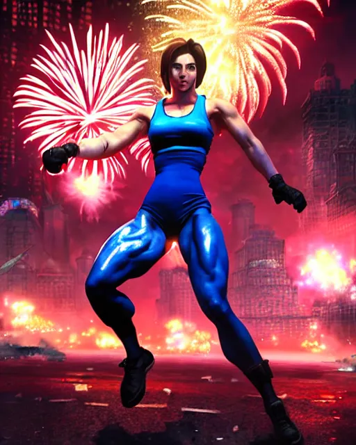 Image similar to gigachad jill valentine bodybuilder jumping in front of a fireworks show fighting in racoon city, fantasy character portrait, ultra realistic, anime key visual, full body concept art, intricate details, highly detailed by greg rutkowski, ilya kuvshinov, gaston bussiere, craig mullins, simon bisley