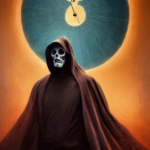 Image similar to menacing grim reaper portrait, showing a sand clock running out of time, mysterious atmospheric lighting, painted, intricate, volumetric lighting, beautiful, rich deep colours masterpiece, golden hour, sharp focus, ultra detailed, by leesha hannigan, ross tran, thierry doizon, kai carpenter, ignacio fernandez rios