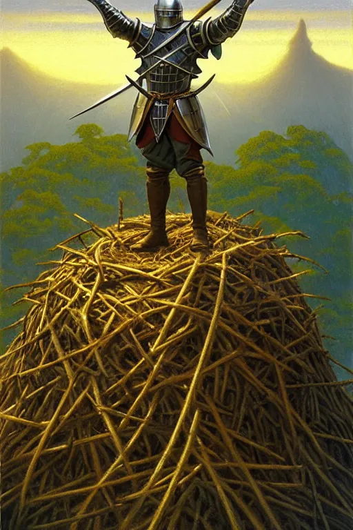 Prompt: classic oil painting, a medieval fantasy knight in a t - pose, as a dnd character, standing on a colossal bird nest, cottagecore, highly detailed, digital illustration, concept art, god rays, sunlight, smooth, sharp focus, art by tim hildebrandt, and nc wyeth