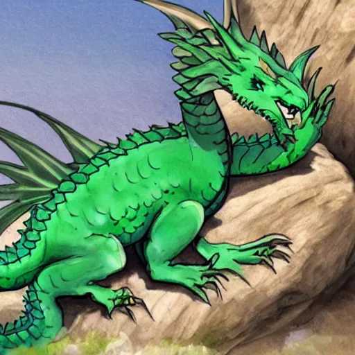 Image similar to an illustration of a western style green dragon sleeping on a rock, beautiful vivid emotional painting