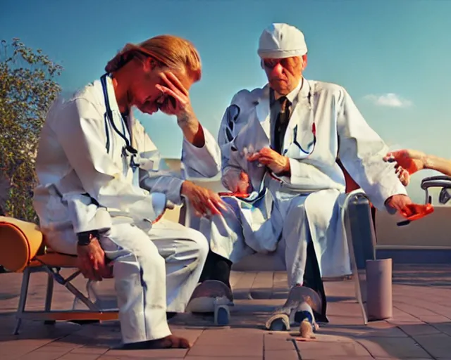 Prompt: extremely greasy doctor slathering snake oil all over a patient's broken foot. It will surely be cured within the hour. Painting by Vince Ray and Syd Mead, 3D rendering by Beeple, directed by Robert Eggers