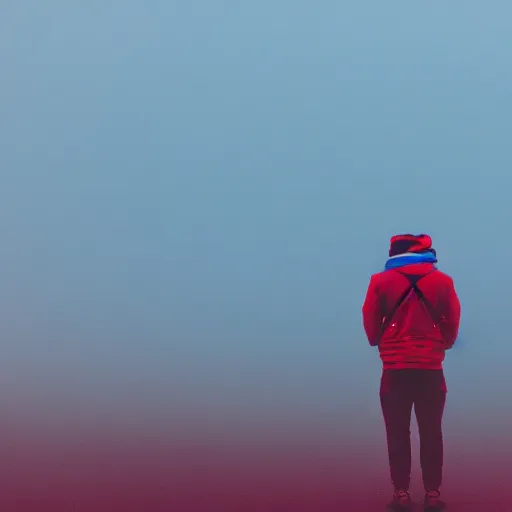 Prompt: symmetrical blue and red, mysterious man looking at a distant machine in fog