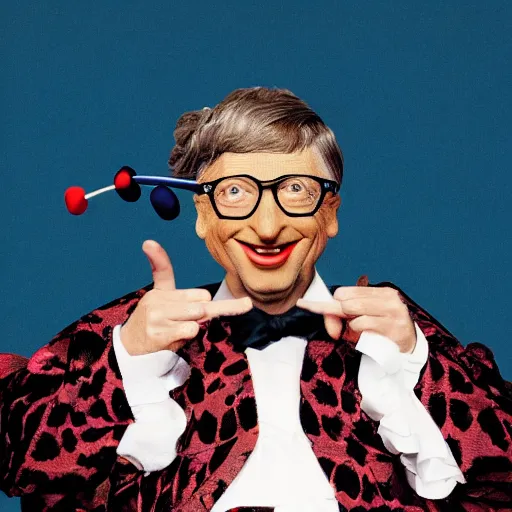 Image similar to UHD candid photo of Bill Gates dressed as a Court Jester, wearing extremely accurate clown makeup, accurate face, UHD, photorealistic, correct face, photo by Annie Leibowitz