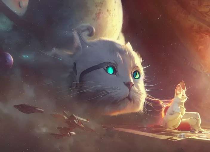 Image similar to a space cat staring role in a musical sci - fi space opera ghibli animated film, volumetric lighting, octane render by stanley artgerm lau, greg rutkowski, thomas kindkade, alphonse mucha, loish, norman rockwel,